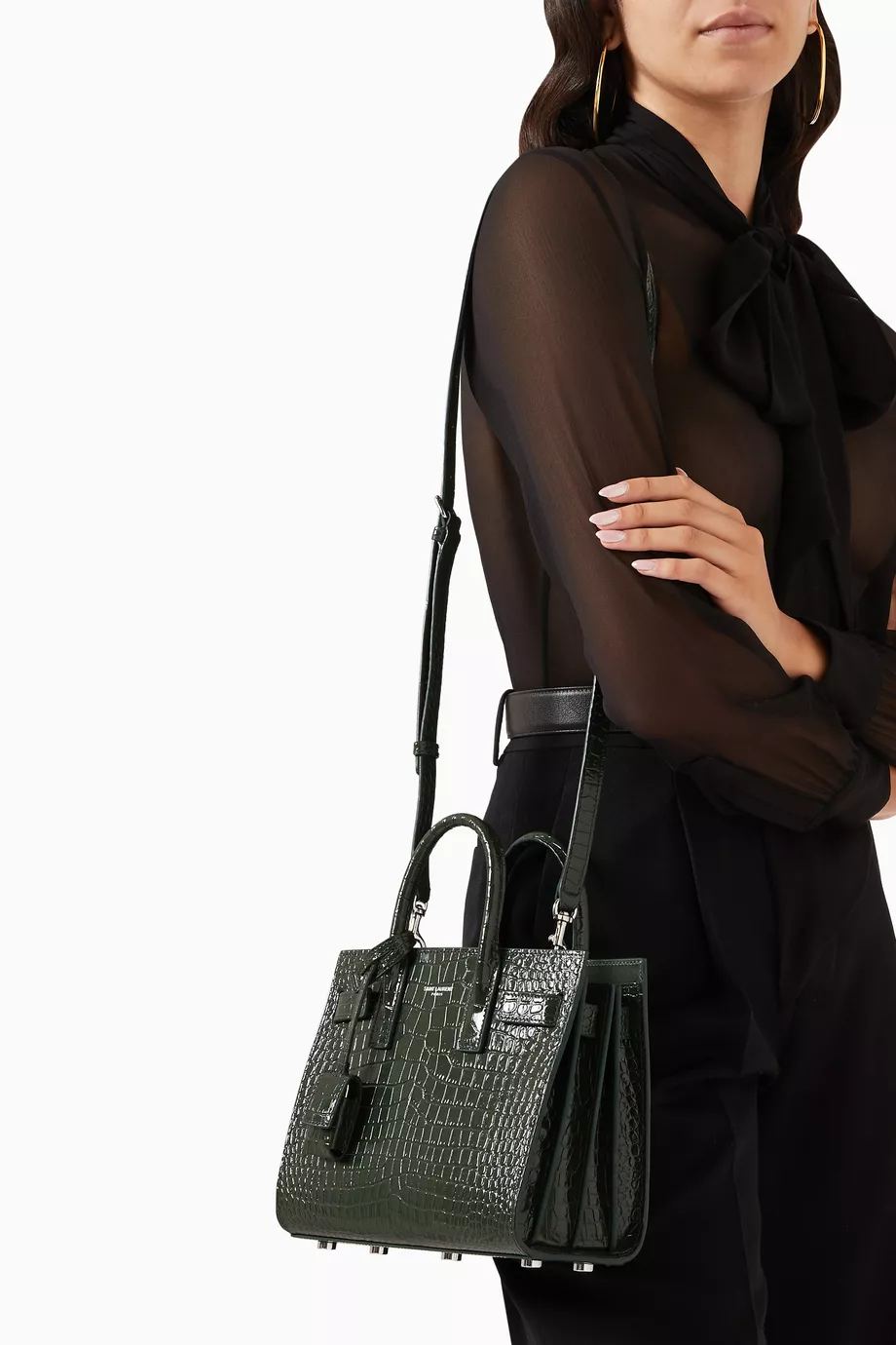 Classic sac de jour nano store in embossed crocodile shiny leather