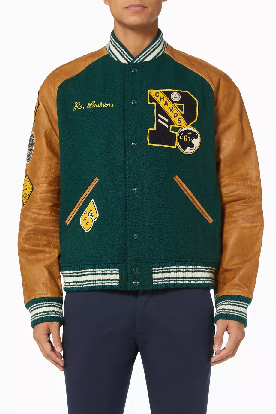 Buy Polo Ralph Lauren Green Letterman Bomber Jacket in Wool Blend