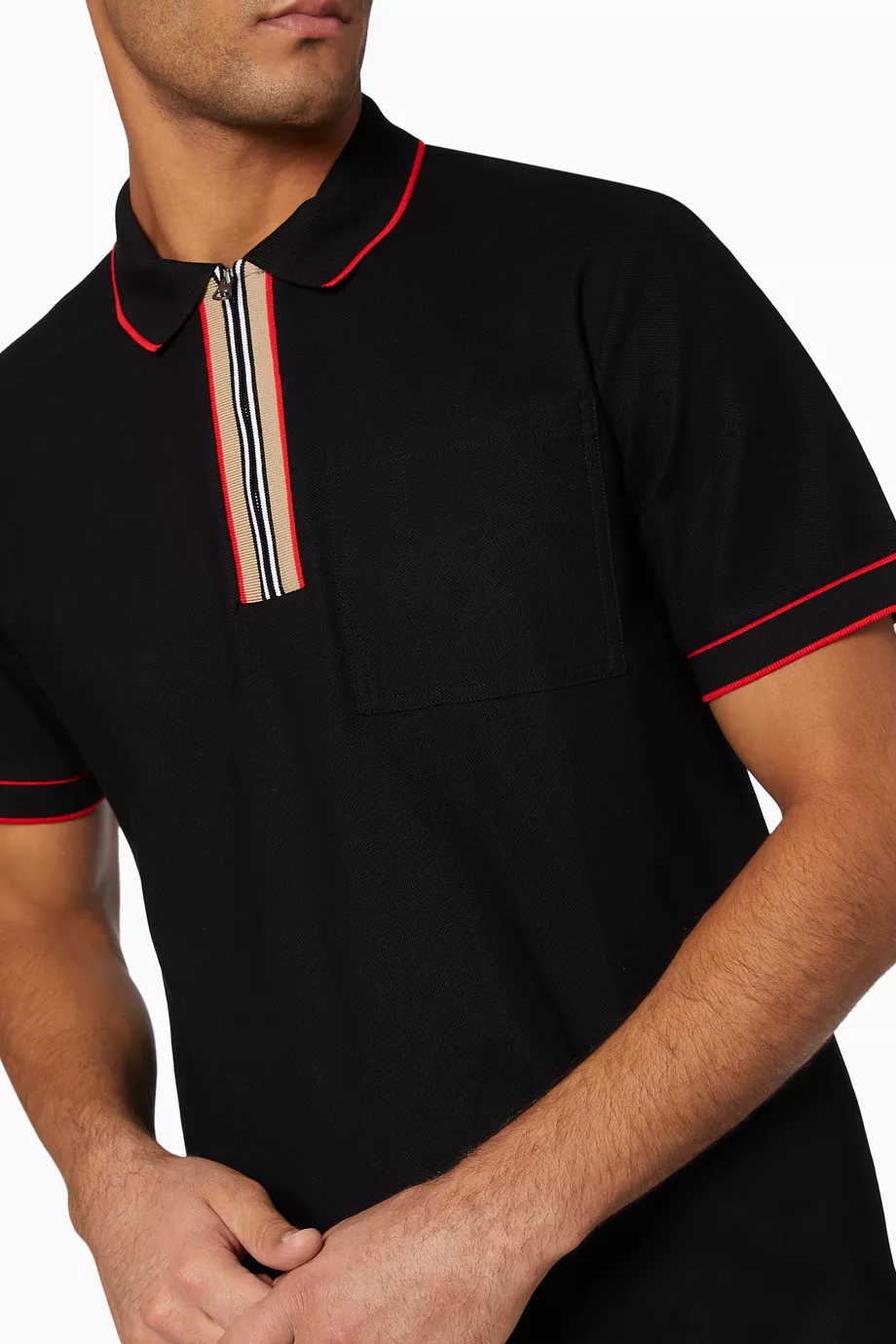 Buy Burberry Black Icon Stripe Cotton Zip Polo Shirt for Men