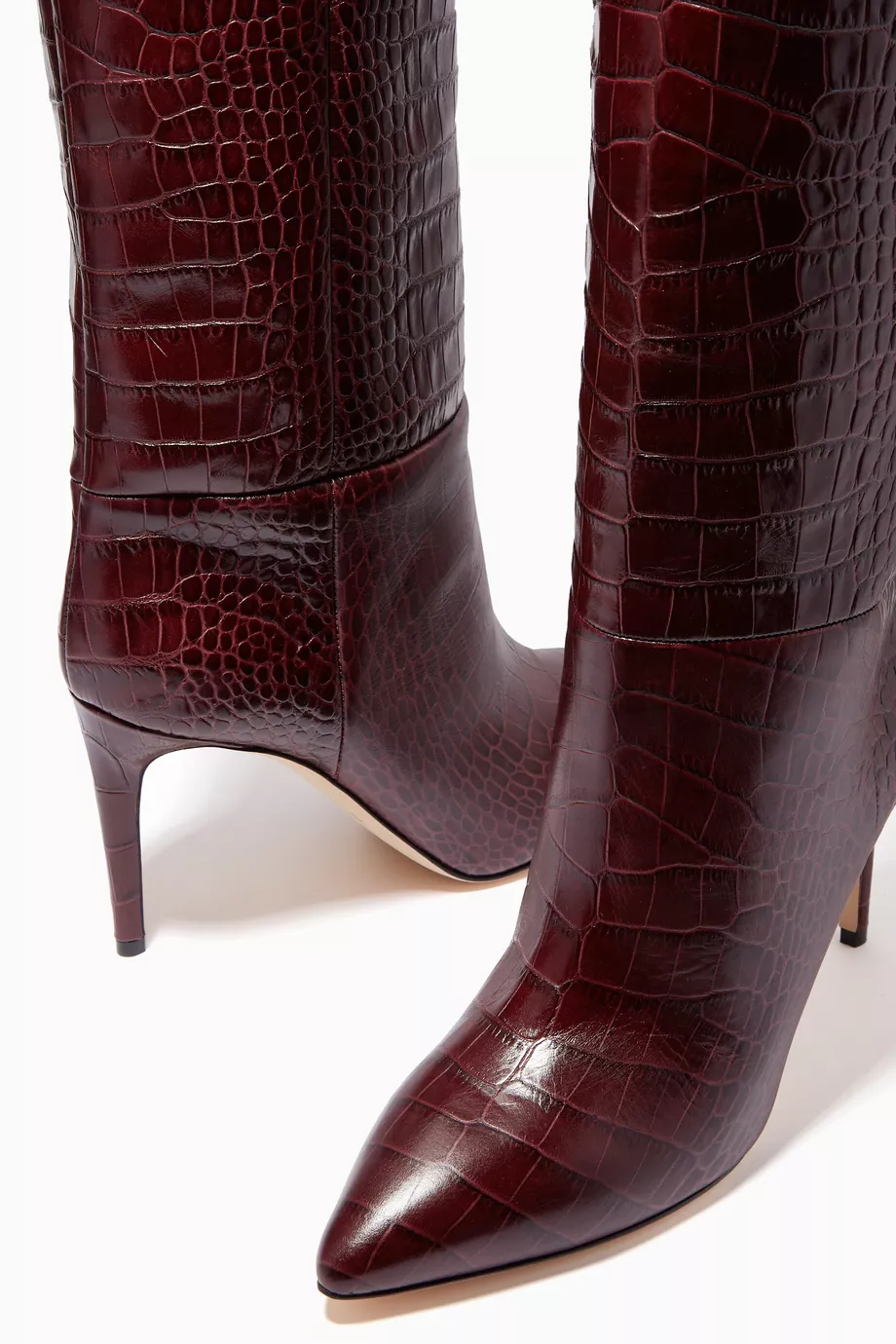 Buy Paris Texas Burgundy Knee High Boots in Croc-embossed Leather
