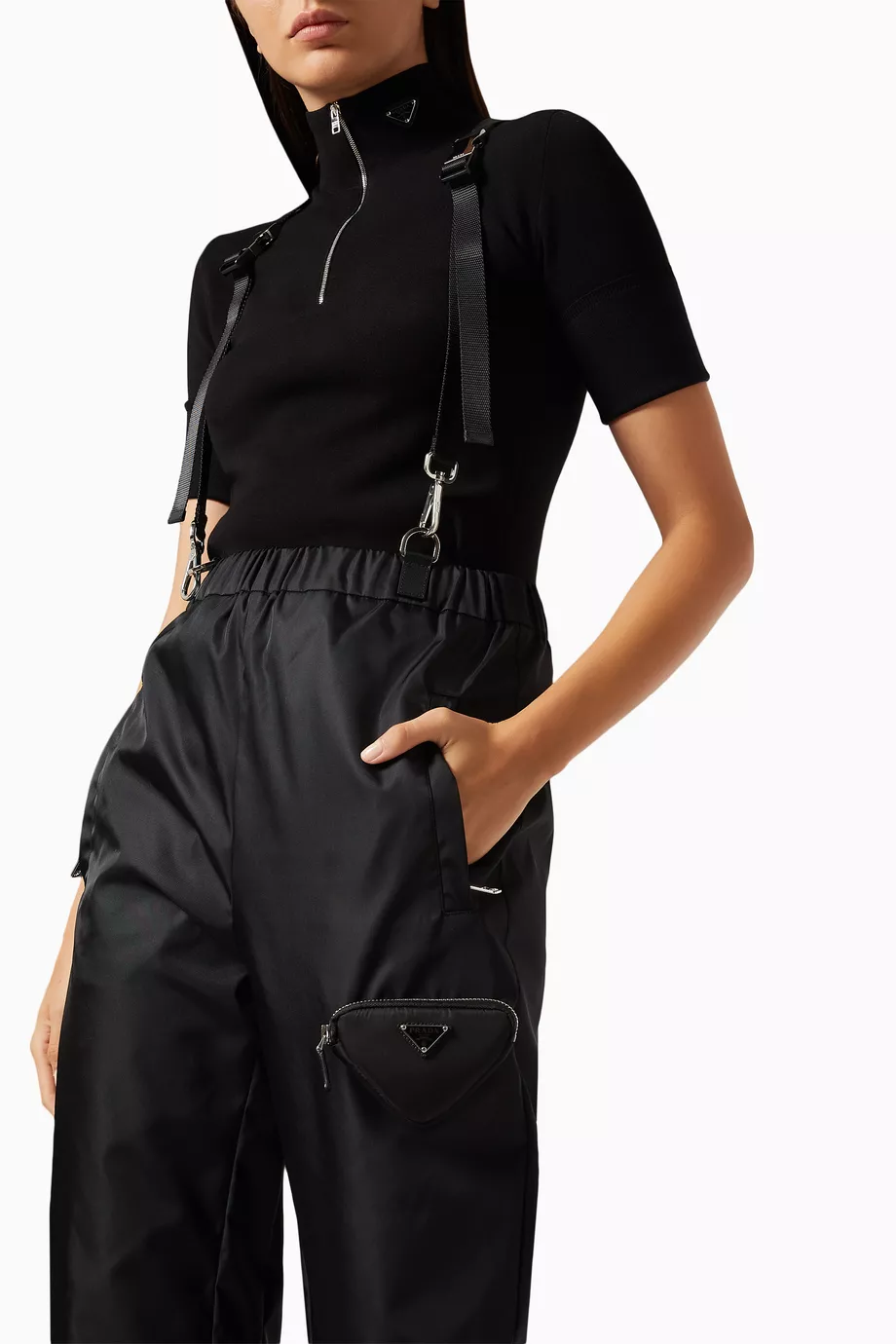 Buy Prada Black Trousers with Braces & Zip Pouch in Re-Nylon