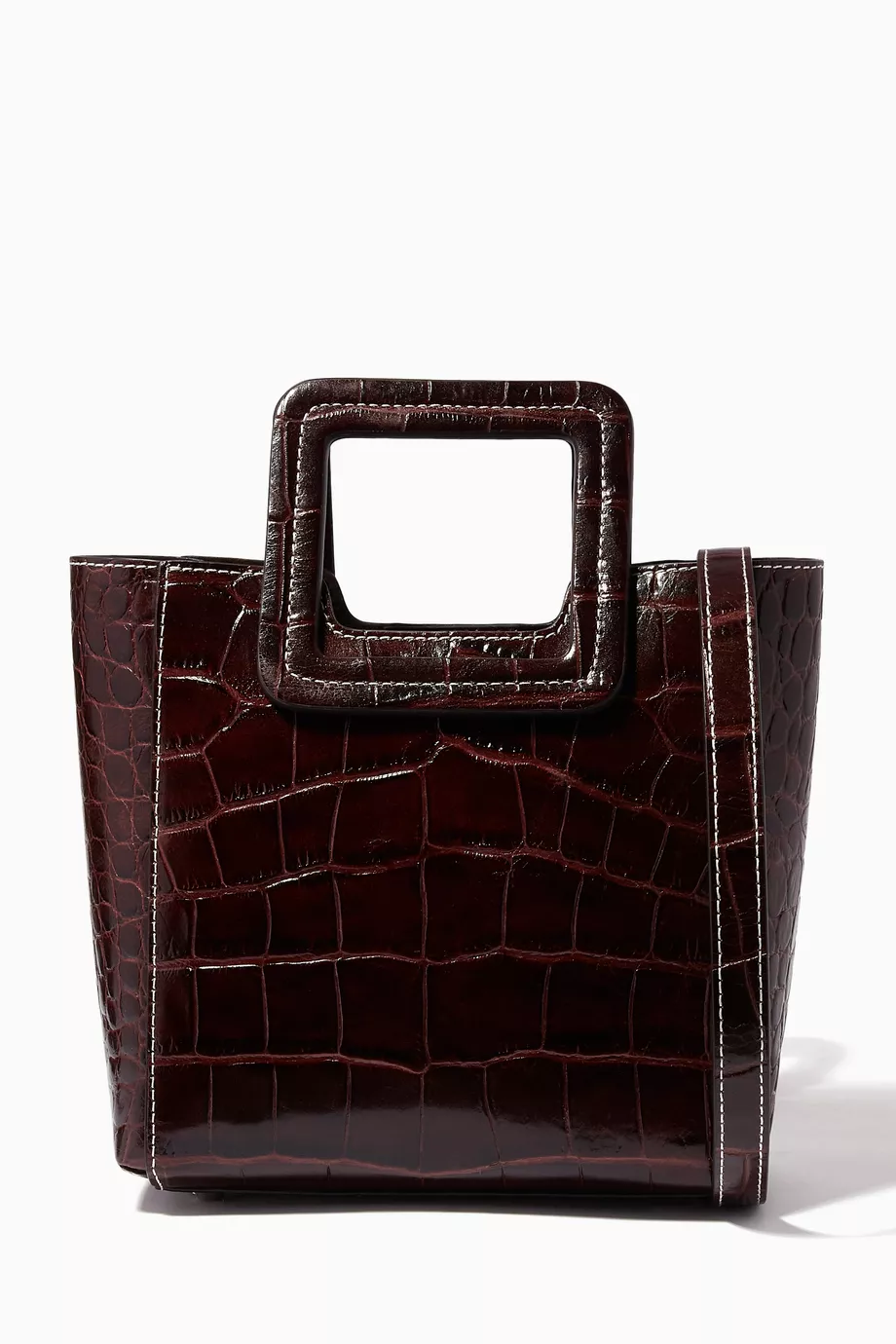 Buy Staud Brown Mini Shirley Tote Bag in Croc Embossed Leather for