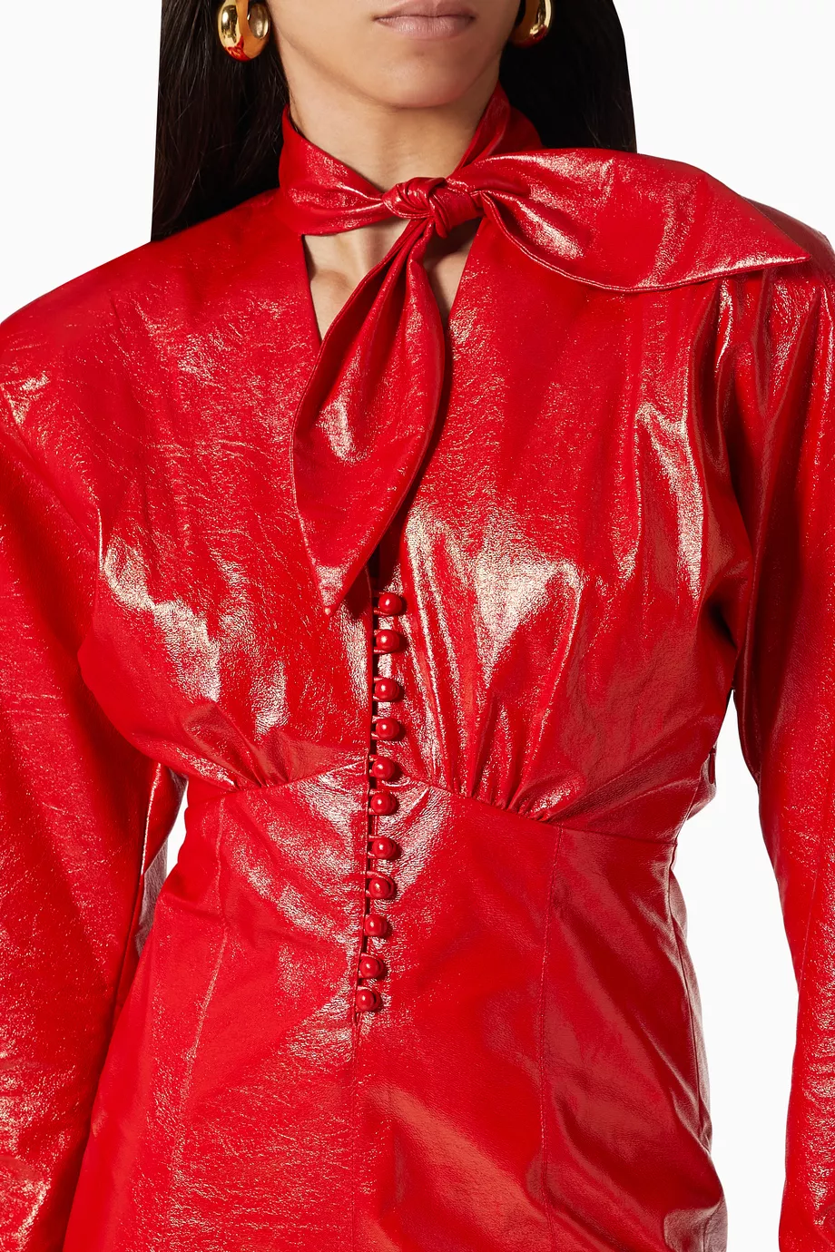 chinese dress ladies Faux Leather Belted Dress Red / M