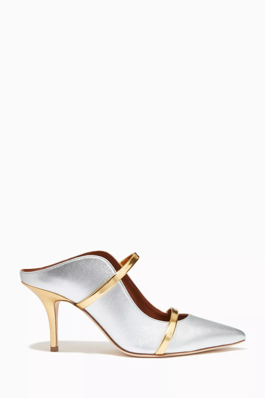 Buy Malone Souliers Silver Maureen 70 Mules in Metallic Nappa for Women Online Ounass Kuwait