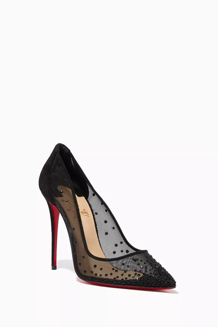 Buy Christian Louboutin Black Follies Strass 100 Pumps in Mesh Suede for Women Online Ounass Kuwait