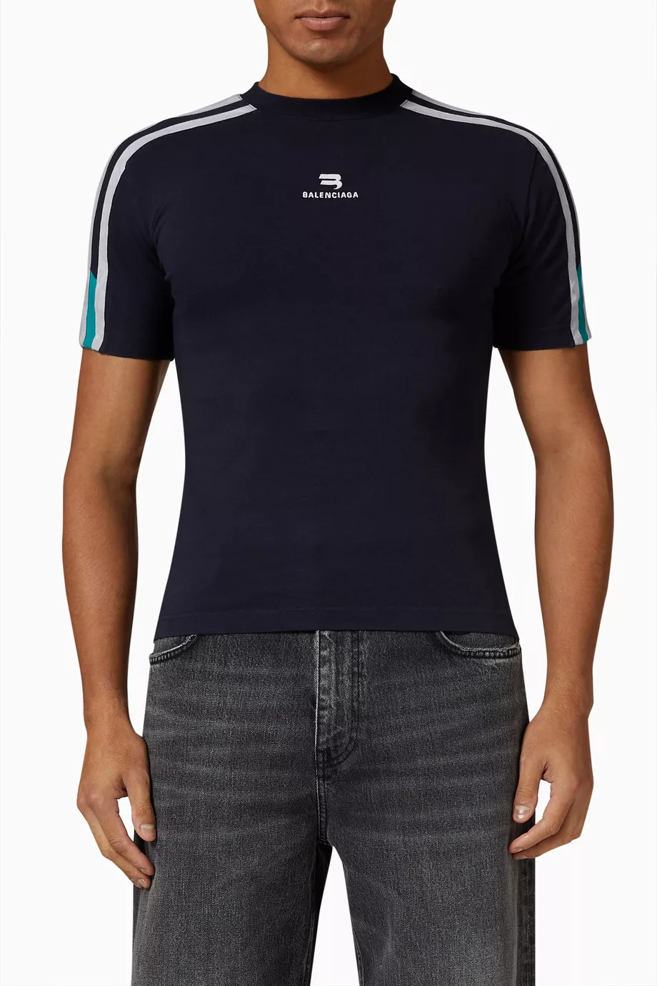 再値下げ BALENCIAGA Sporty B shrunk T-Shirt Buy Balenciaga Blue Sporty B Shrunk T-shirt in Peeling Stretch