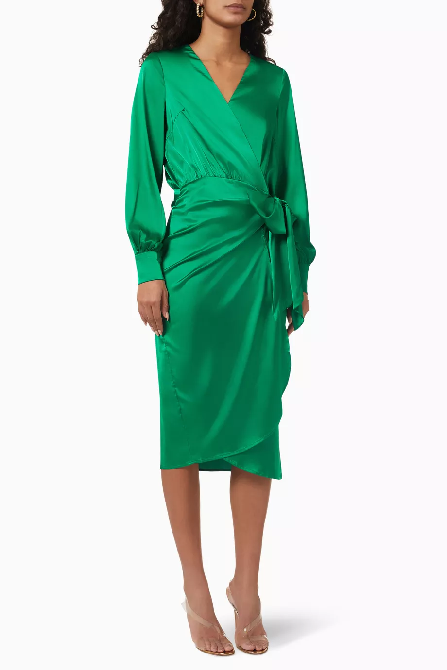 Buy Never Fully Dressed Green Vienna Wrap Midi Dress in Satin for - Main Image