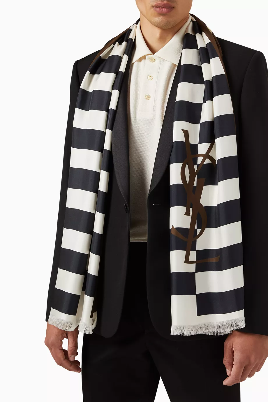スカーフ Saint Laurent SS25 Cassandre Scarf (8212823Y009 9700) Buy SAINT LAURENT Black Monogram Cassandre Scarf in Silk