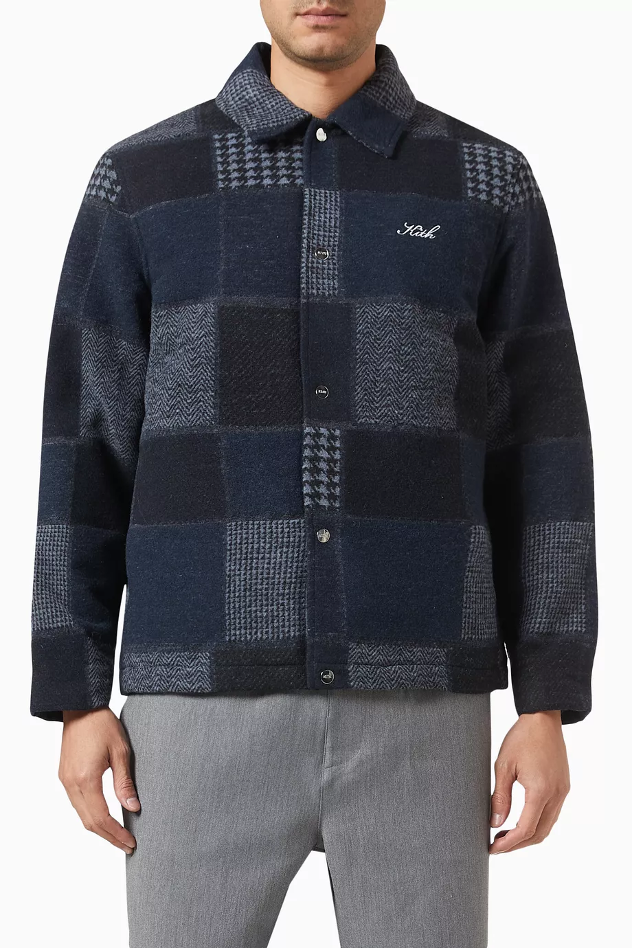 Buy Kith Blue Patchwork Coaches Jacket in Wool-blend for Men