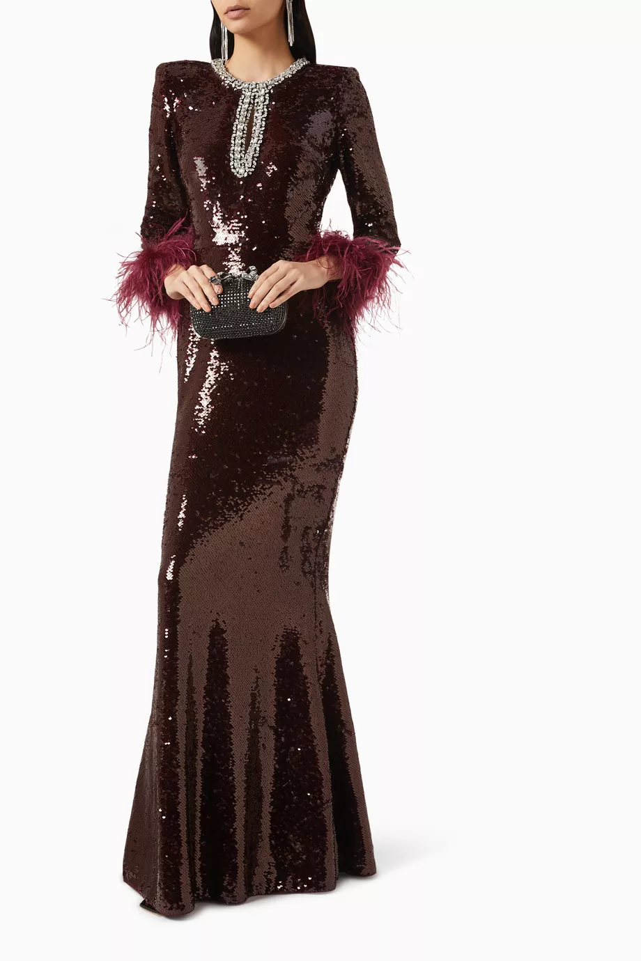 burgundy with gold prom dresses LAPOINTE Satin Sleeveless Mini Dress With Feathers