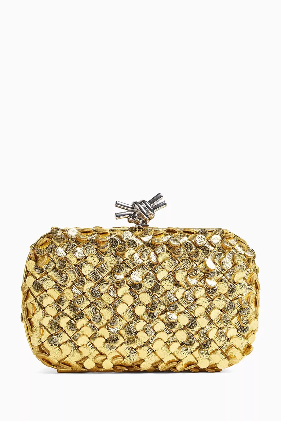 Buy Bottega Veneta Gold Knot Minaudiere Clutch in Laminated Intreccio Leather for Women Online Ounass Kuwait