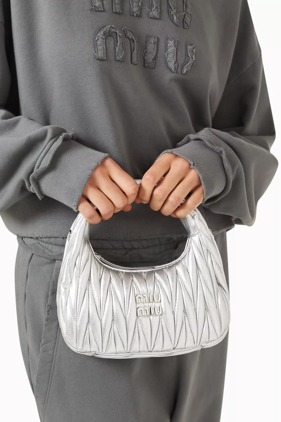 Buy Miu Miu Silver Mini Wander Hobo Bag in Metallic Matelassé