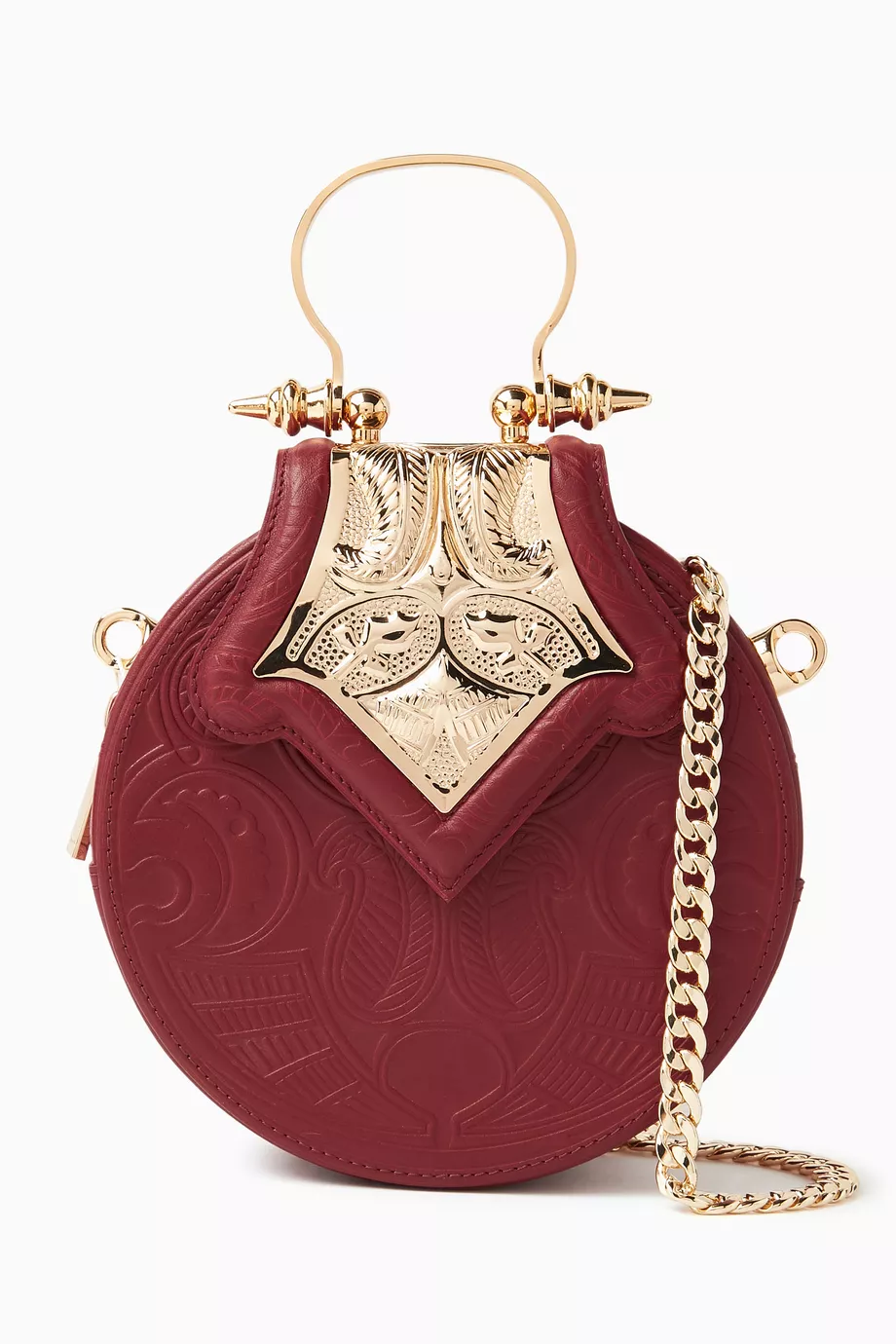 Buy Okhtein Burgundy Mini Dome Embossed Crossbody Bag in Leather
