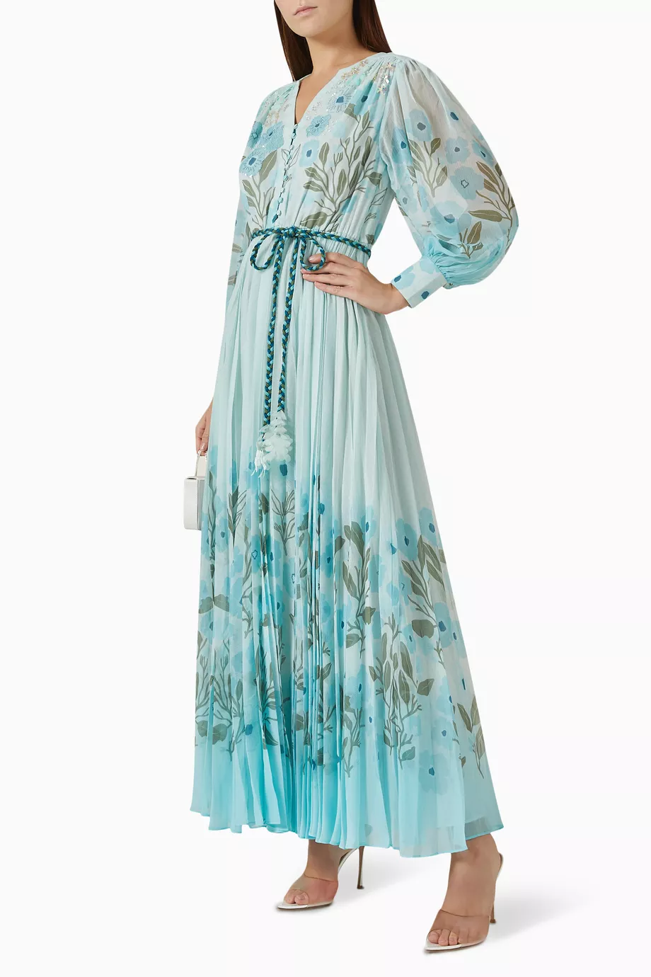 princess polly baby blue dress SELF-PORTRAIT Tie-Neck Floral-Print Chiffon Midi Dress