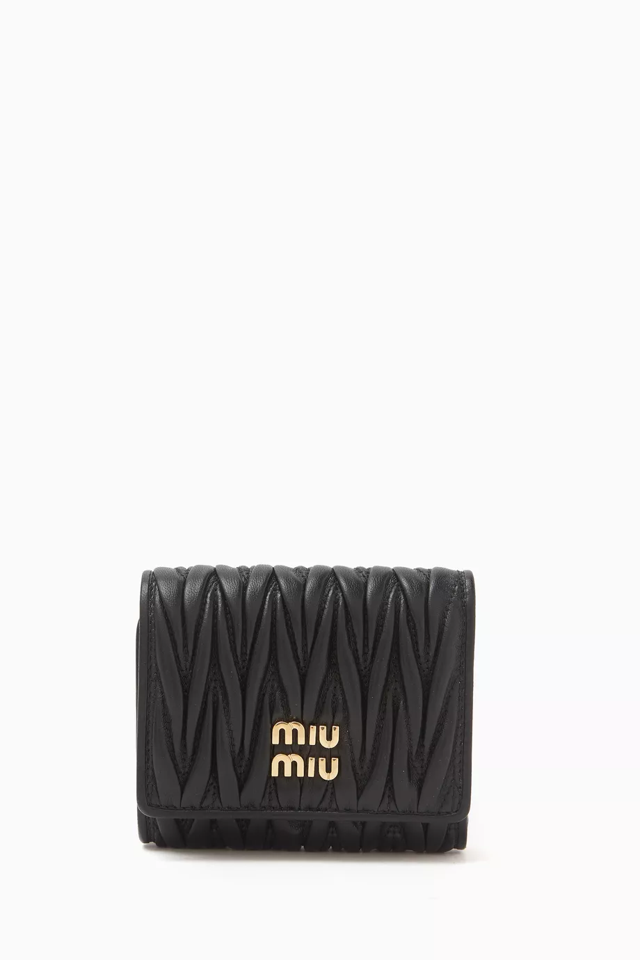 折りたたみ財布 MIU MIU  Leather small wallet with l logo lettering Miu Miu logo-lettering Compact Wallet | Black | FARFETCH